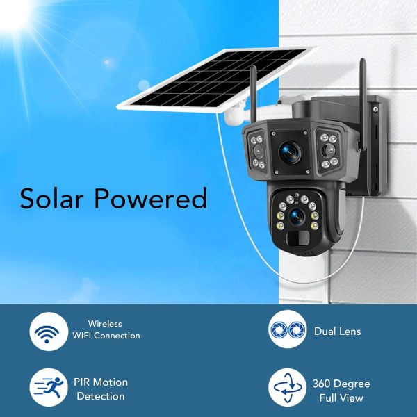 crna kamera zakacena na zidu povezana sa solarnim panelom
