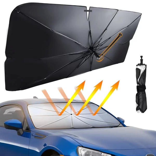 Crni kišobran iznad plavog automobila gde prikazuje kako odbija sunce