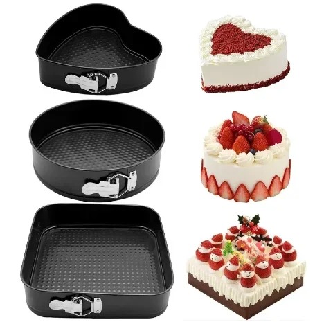 Kalup za Torte – Set od 3 kalupa - Okrugli, Srcoliki i Kvadratni Kalupi sa Uklonjivim Dnom i Mehanizmom za Otvaranje