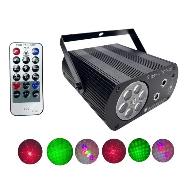 RGB LED Laser Projektor sa Zvučnom Aktivacijom i 16 Paterna – Sneg, Srce, Vatromet | Daljinski upravljač