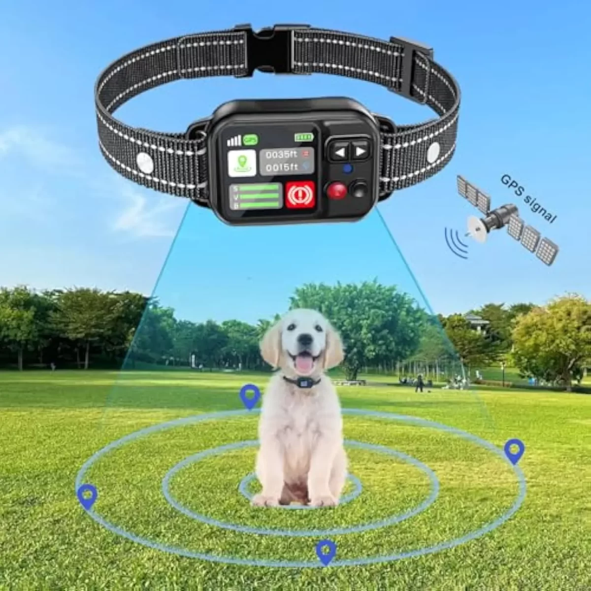 Smart GPS bežična ogrlica za pse – prikazana iznad psa u prirodi