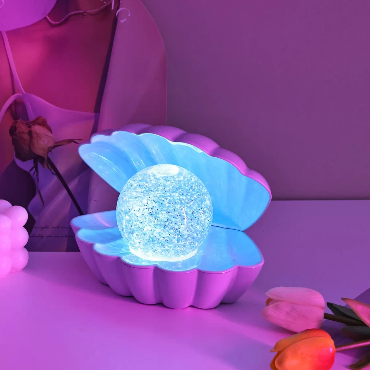 Ekološka 3D Resin Lampa u Obliku Školjke – Noćna Svetiljka sa Staklenim Bulbom za Dekoraciju i Poklone - Slika 4