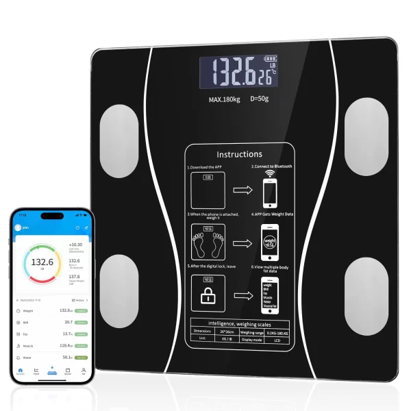 Pametna Digitalna Bluetooth vaga za merenje telesne mase i analizu sastava tela – Kapacitet 180kg, povezivanje sa aplikacijom