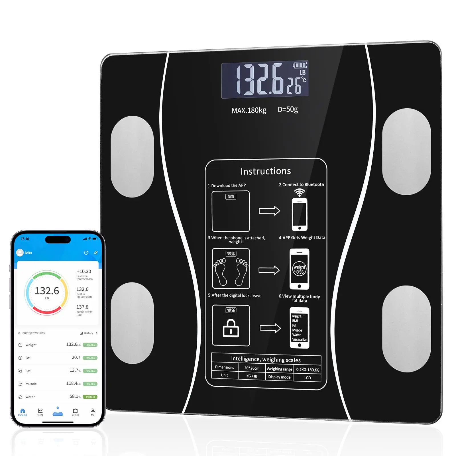 Pametna Digitalna Bluetooth vaga za merenje telesne mase i analizu sastava tela – Kapacitet 180kg, povezivanje sa aplikacijom Pametna Digitalna Bluetooth vaga za merenje telesne mase i analizu sastava tela – Kapacitet 180kg, povezivanje sa aplikacijom