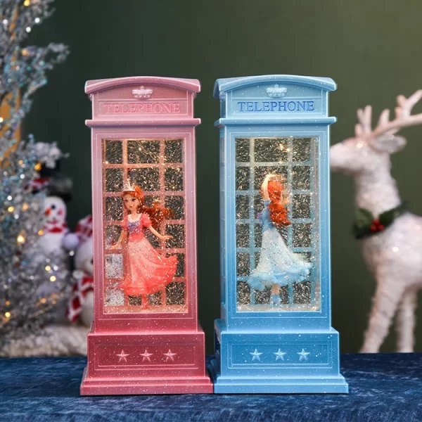 Božićna LED sneg kugla - lanterna „Telephone Booth“ – muzička vodena lampa sa pokretnim snegom