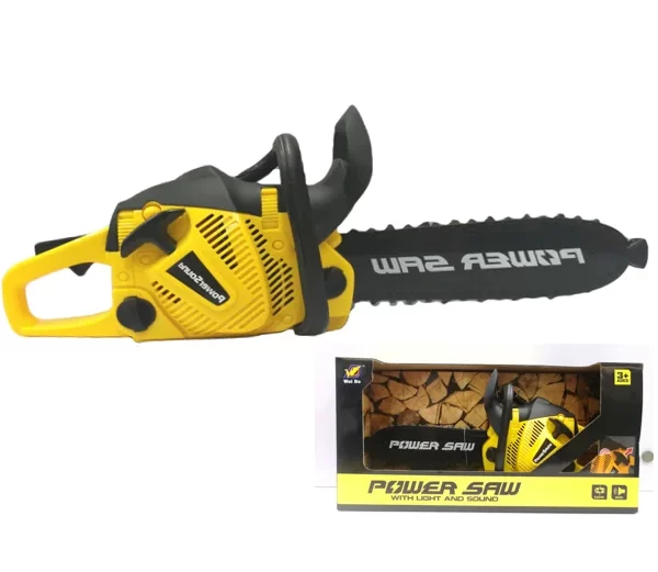 igracka motorna testera u zutoj boji i kutija ispod