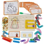 Montessori geometrijska slagalica 3-u-1 – komplet drvenih delova i elastičnih traka.