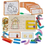 Montessori geometrijska slagalica 3-u-1 – komplet drvenih delova i elastičnih traka.
