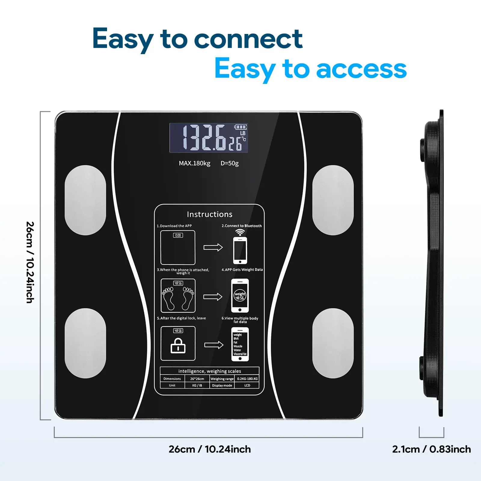 main-image-5 Pametna Digitalna Bluetooth vaga za merenje telesne mase i analizu sastava tela – Kapacitet 180kg, povezivanje sa aplikacijom - Slika 5