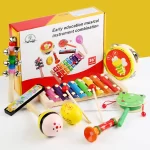 Komplet dečijih Orff muzičkih instrumenata od drveta i plastike. pored originalne kutije