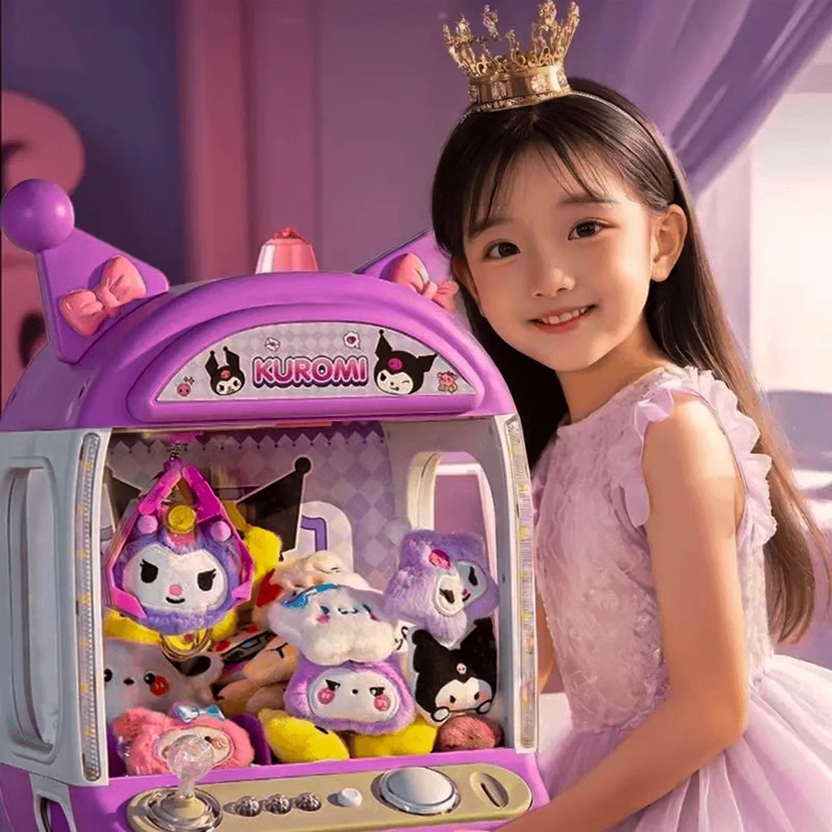 D_NQ_NP_2X_901296-MLM81853752451_012025-F-mini-maquina-ninos-atrapa-peluches-garra-luz-sonido-juguete Mini Aparat za Hvatanje Plišanaca u ljubicastoj boji pun igracaka i devojcica pored igracke