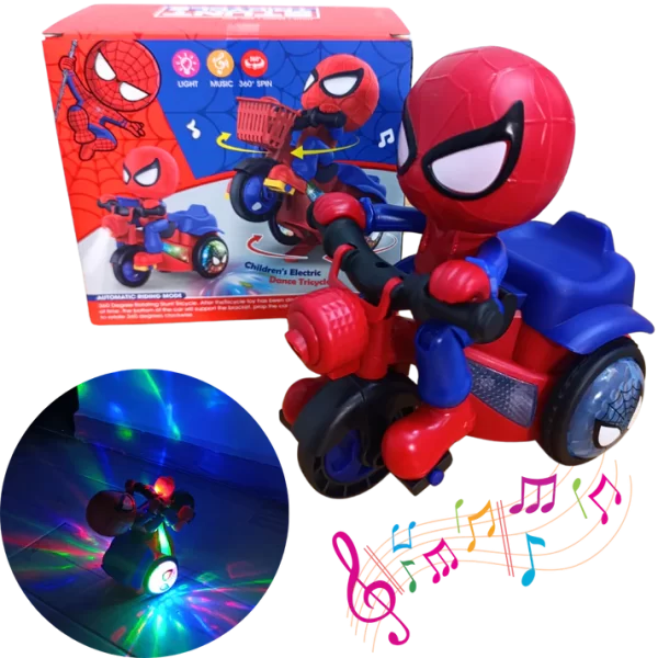 Spajdermen na motociklu svetli i vrti se spajdermen je crvene boje