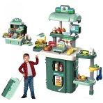 Dečiji sladoled kofer 3 u 1 – Prodavnica u zelenoj boji i decak koji drzi kofer