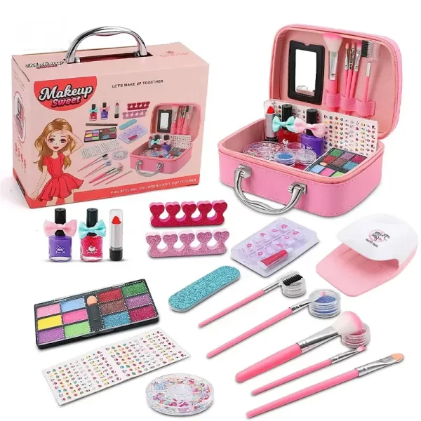 Dečiji set za šminkanje u reoze boji prikaz šminke cetkica , laka i pakovanja proizvoda