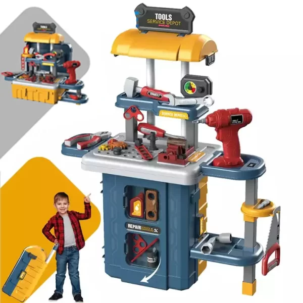 Dečiji set alata 3 u 1 prikaz celog seta sa decakom i koferom