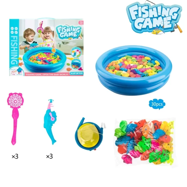 Dečija igra pecanja sa bazenom prikaz bazena i pecaljki , ribica kao i kutije proizvoda