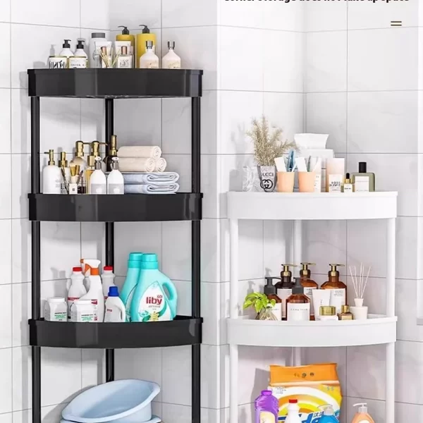 Višeslojna metalna podna polica za odlaganje u crnoj i beloj boji u kupatilu