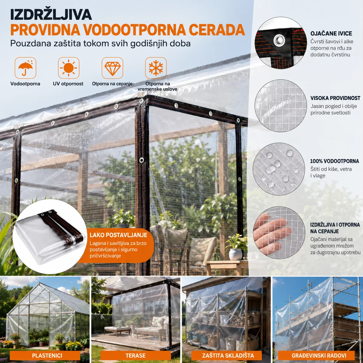 Vodootporna providna PVC cerada za terase i letnjikovce sa ojačanim ivicama i metalnim alkicama za pričvršćivanje