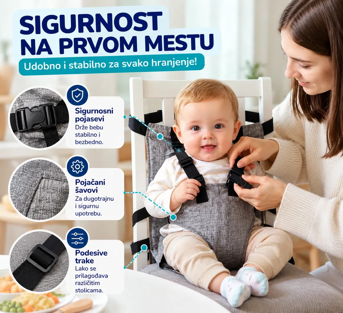 Detalji podesivih sigurnosnih pojaseva i kopči prenosive hranilice za bebe