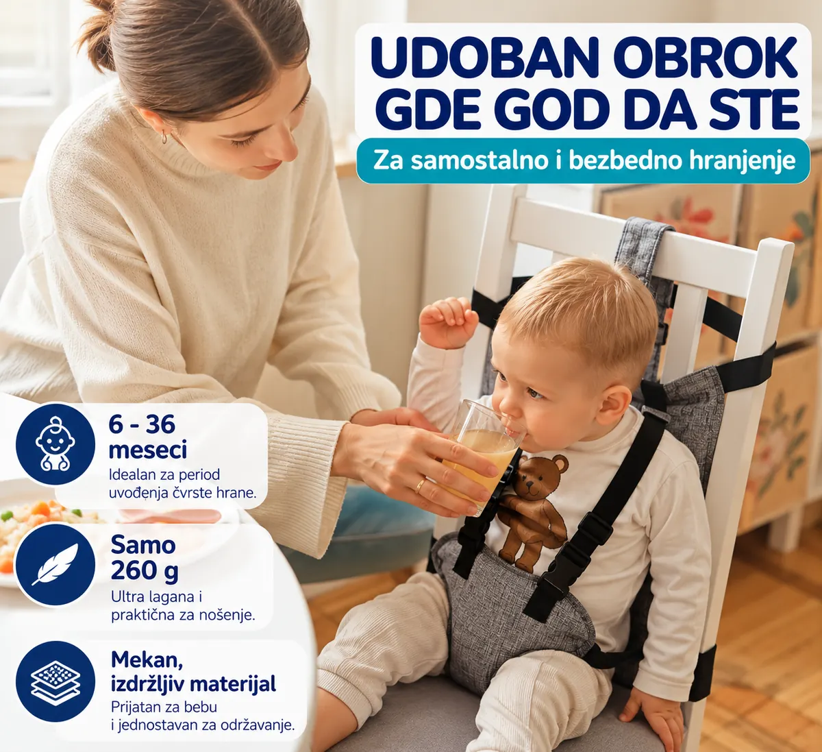 Prenosiva hranilica za bebe tokom obroka – model za uzrast 6 do 36 meseci